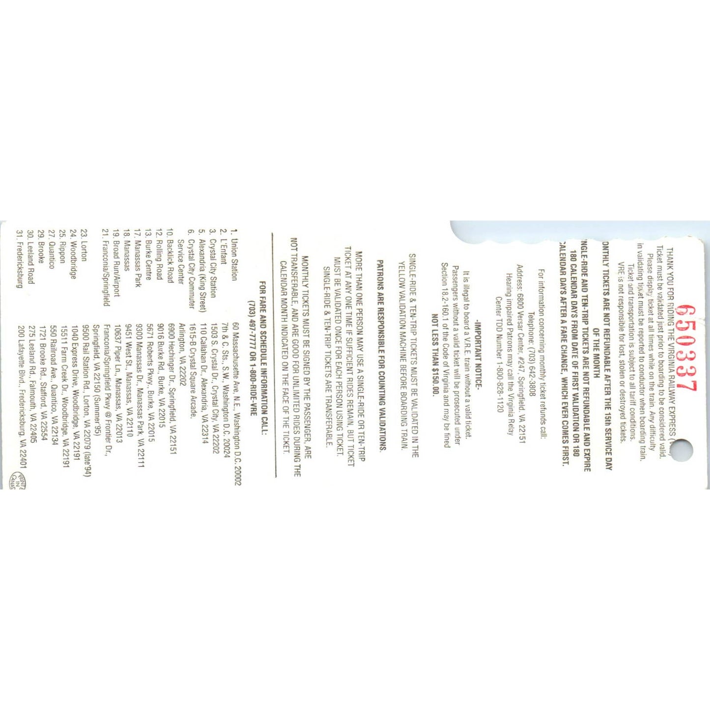 Vintage Virginia Railway Express Passenger Ticket SE8