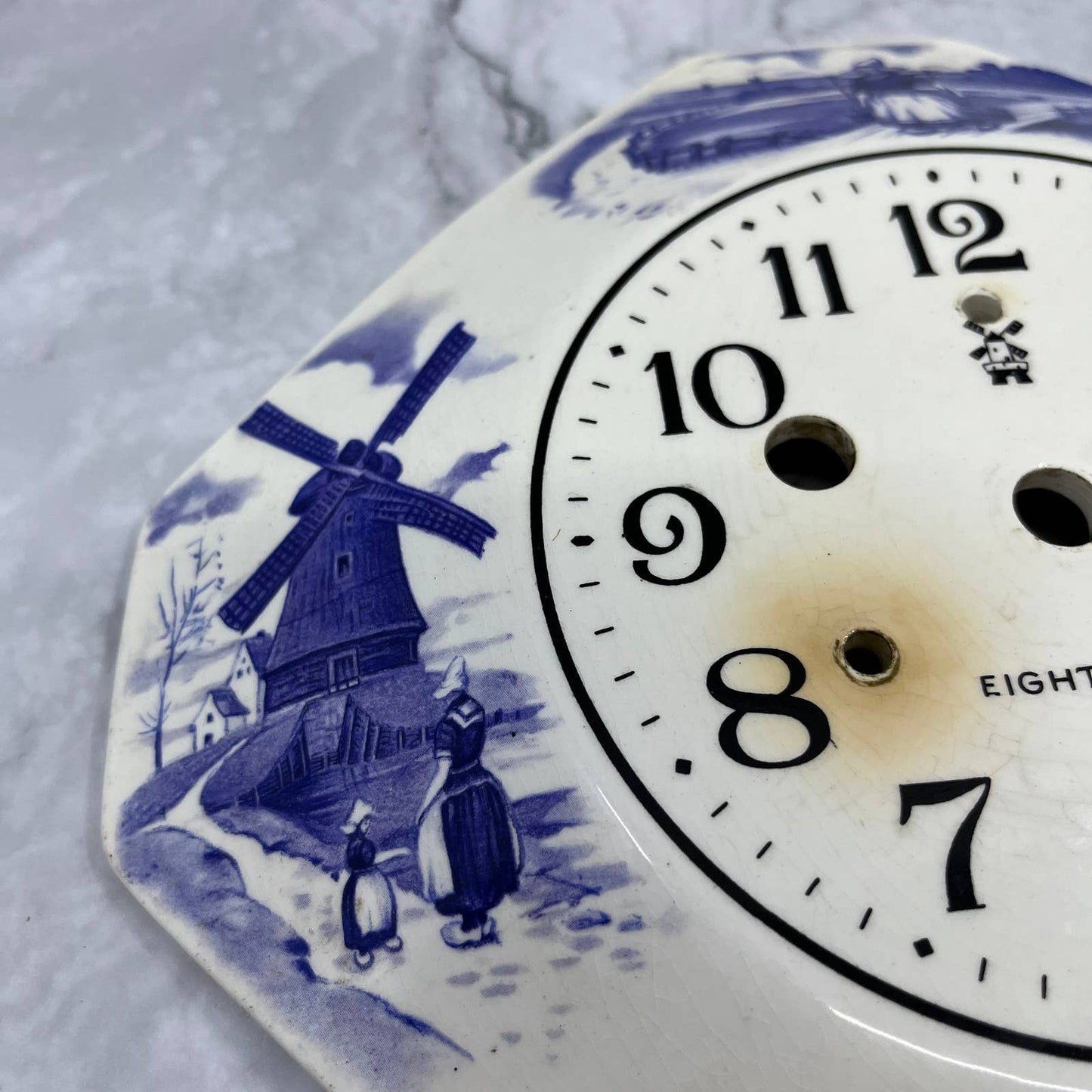 1930s Irving Miller Eight Day Porcelain Wall Clock Face Blue Delft TI9