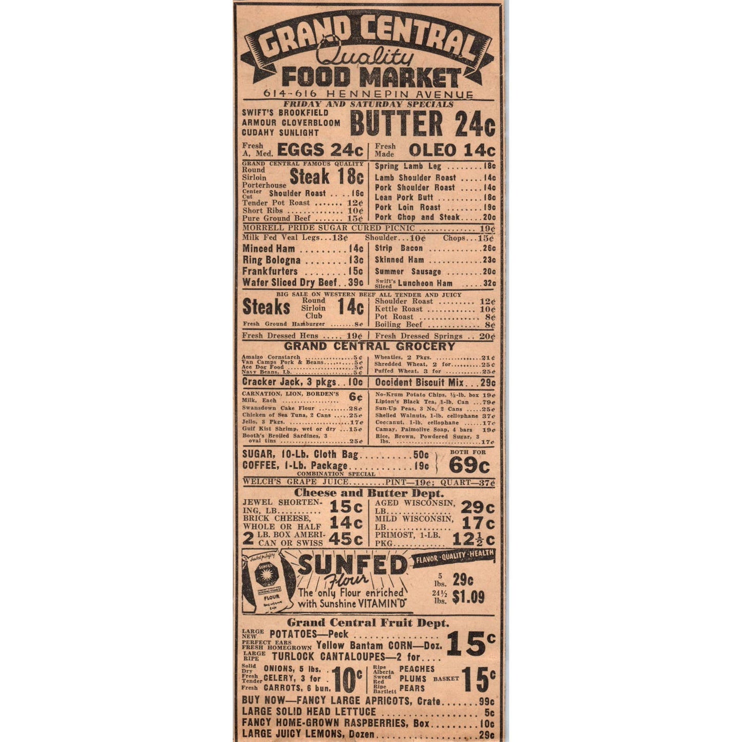 1935 Minneapolis Newspaper Ad Grand Central Food Market Hennepin Ave Sale FL5-3