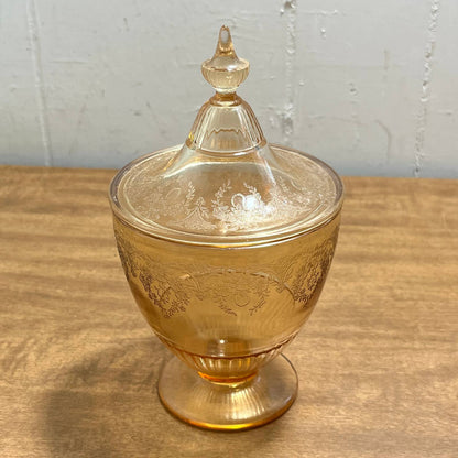 1930s Orange Amber Depression Glass Cherry Blossom Lidded Candy Dish 7” TG4