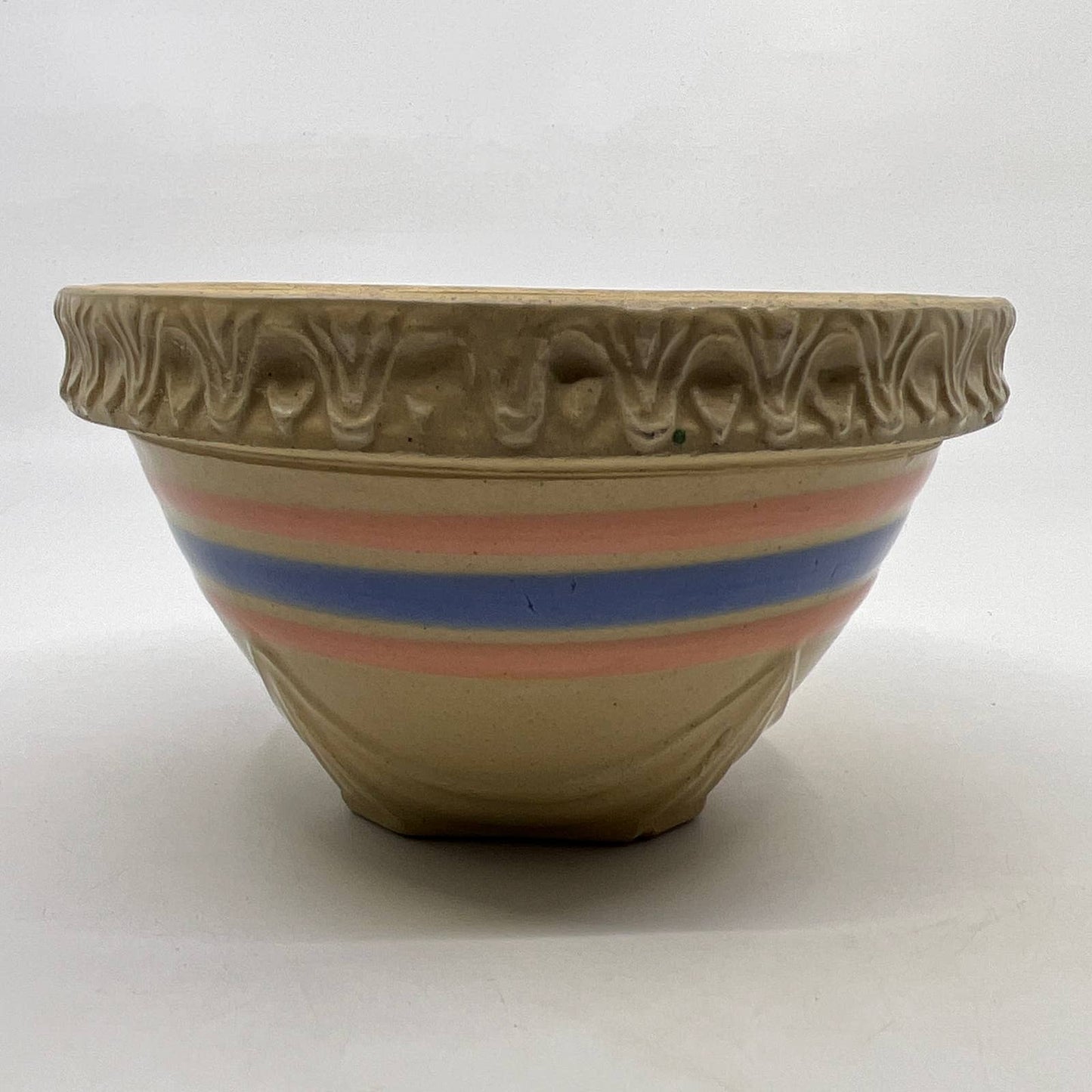 Vintage McCoy Yellow Ware Blue Pink Striped Mixing Bowl 6” Pie Crust Rim TH5