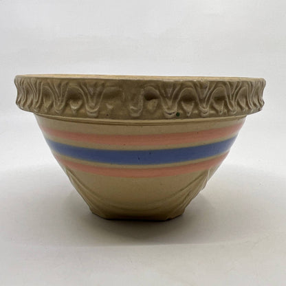 Vintage McCoy Yellow Ware Blue Pink Striped Mixing Bowl 6” Pie Crust Rim TH5