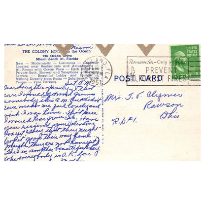 The Colony Hotel Miami Beach Florida 1951 - Postcard TJ8-2