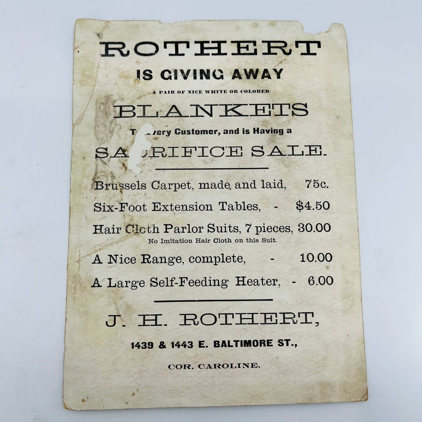 1880s Large Victorian Trade Card J.H. Rothert Blanket Sale Baltimore St 7.5” AA5