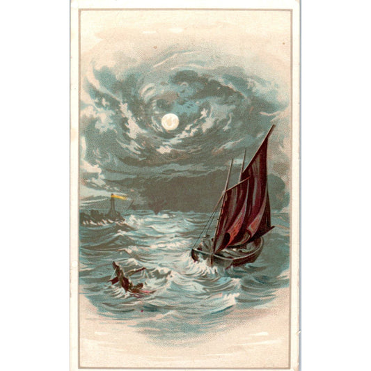 1880s Victorian Trade Card Ariosa Coffee Sailboat at Sea Moonlight SE3-3