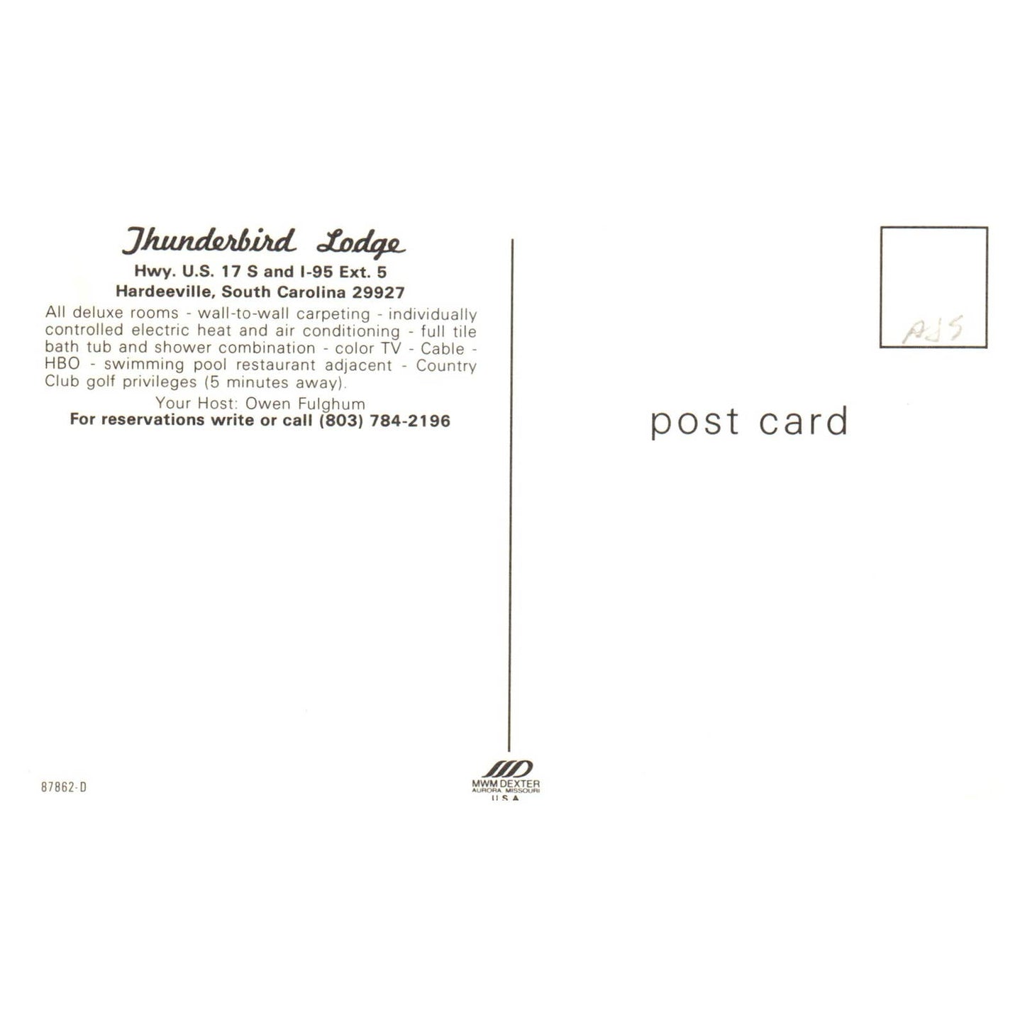 Vintage Postcard - Thunderbird lodge Hardeeville South Carolina TJ6-1