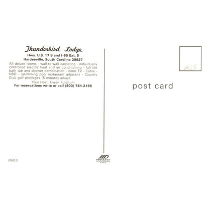 Vintage Postcard - Thunderbird lodge Hardeeville South Carolina TJ6-1