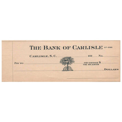 1910s The Bank of Carlisle South Carolina Blank Check SE4