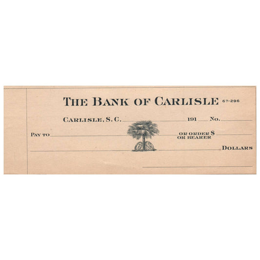 1910s The Bank of Carlisle South Carolina Blank Check SE4
