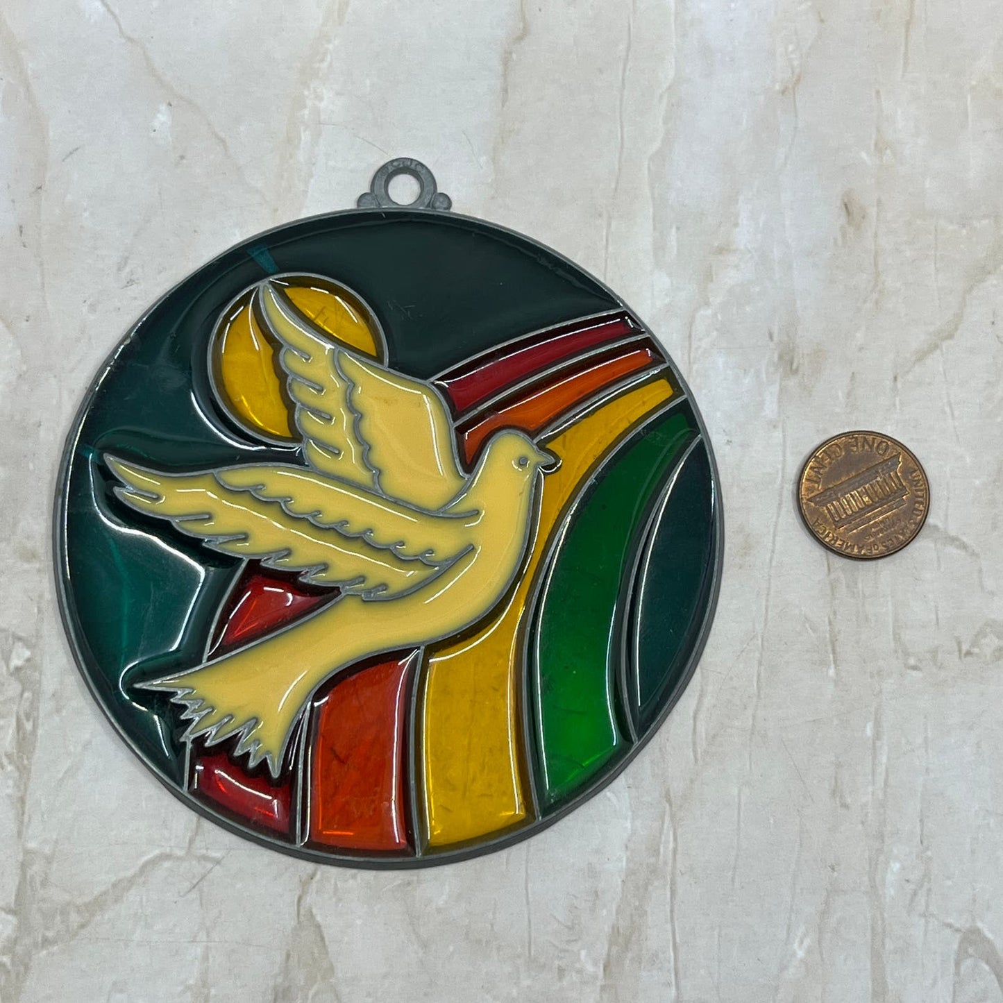 1980s Peace Dove Bird Rainbow Stained Glass Suncatcher 3.75" TE5-S1