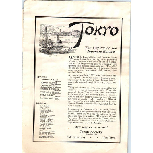 c1920 Harper's Magazine Ad - Tokyo Travel Japan Society New York EA3