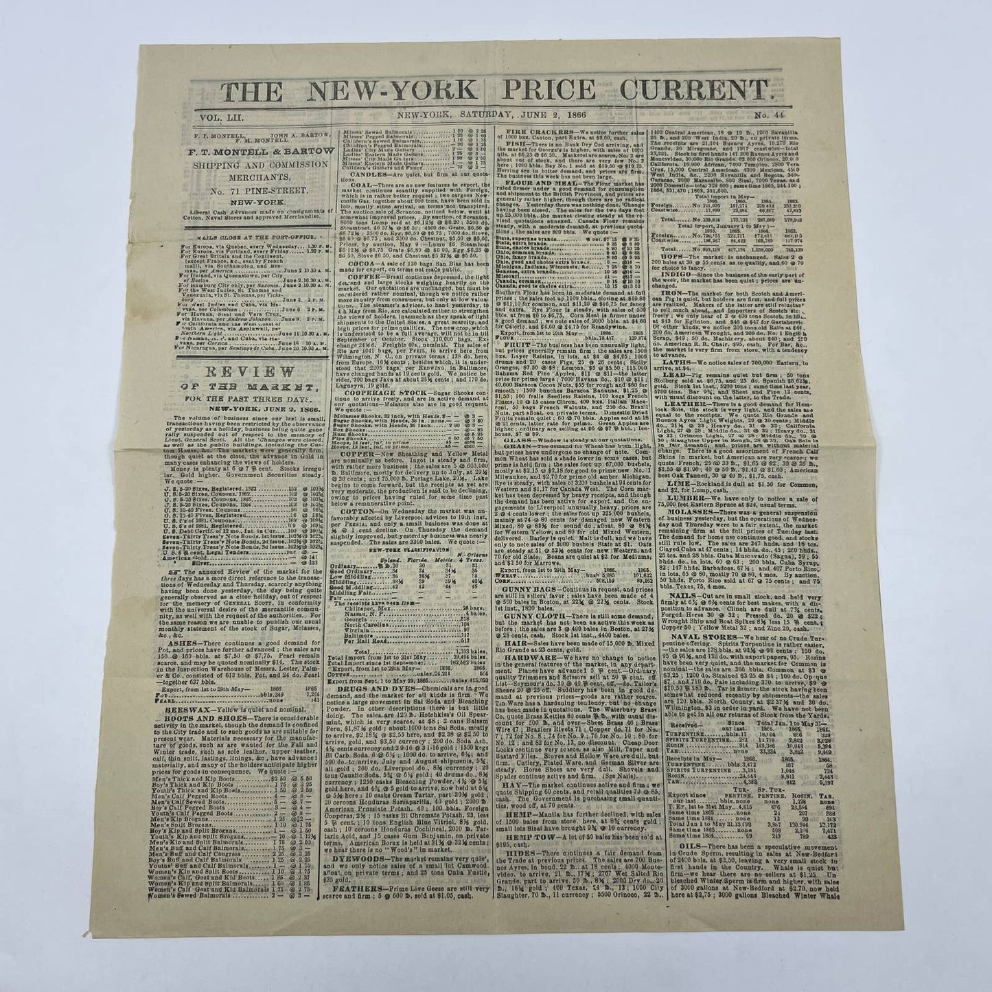 1866 New York Price Current Newspaper Stock Market Review June 2 No. 44 AC2