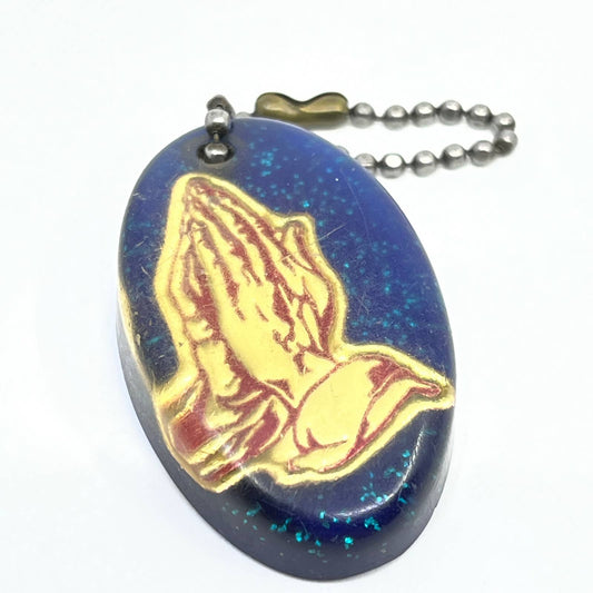 Vintage Key Chain Praying Hands Blue Glitter Resin Acrylic Keychain SD5