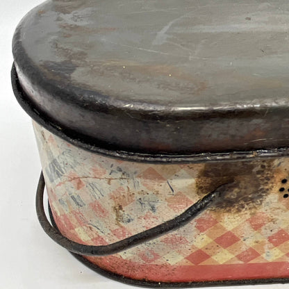 Antique PLAID Red & White Tin Oval Lunch Box Great Patina 8x5 TH5