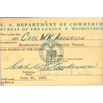 1950 US Department of Commerce Census Enumerator Identification Card SE5