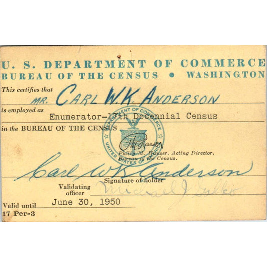 1950 US Department of Commerce Census Enumerator Identification Card SE5