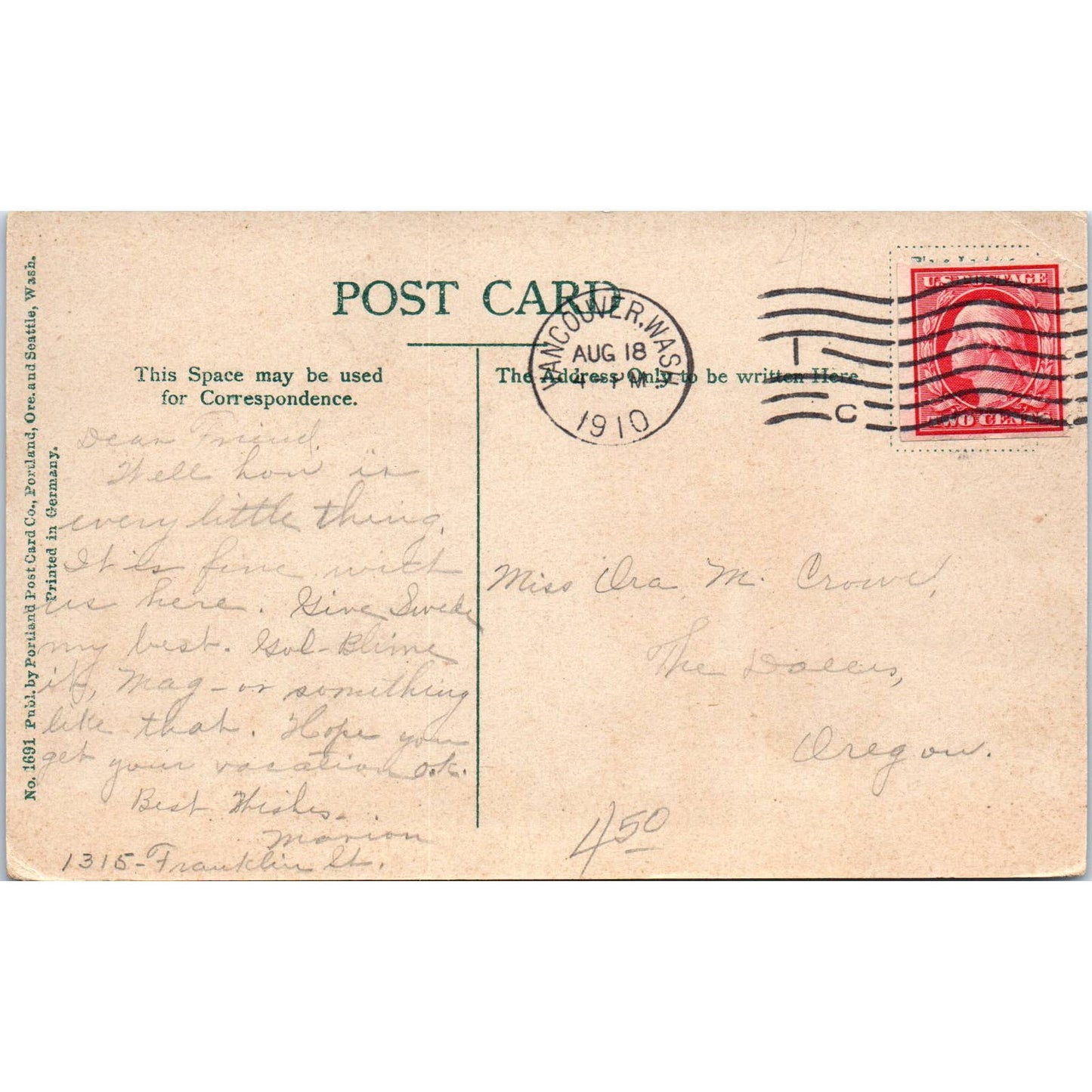 1910 Postcard State School for the Blind Vancouver Washington TD9