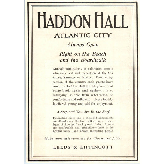 c1920 Harper's Magazine Ad - Haddon Hall Atlantic City Leeds & Lippincott TF6-1