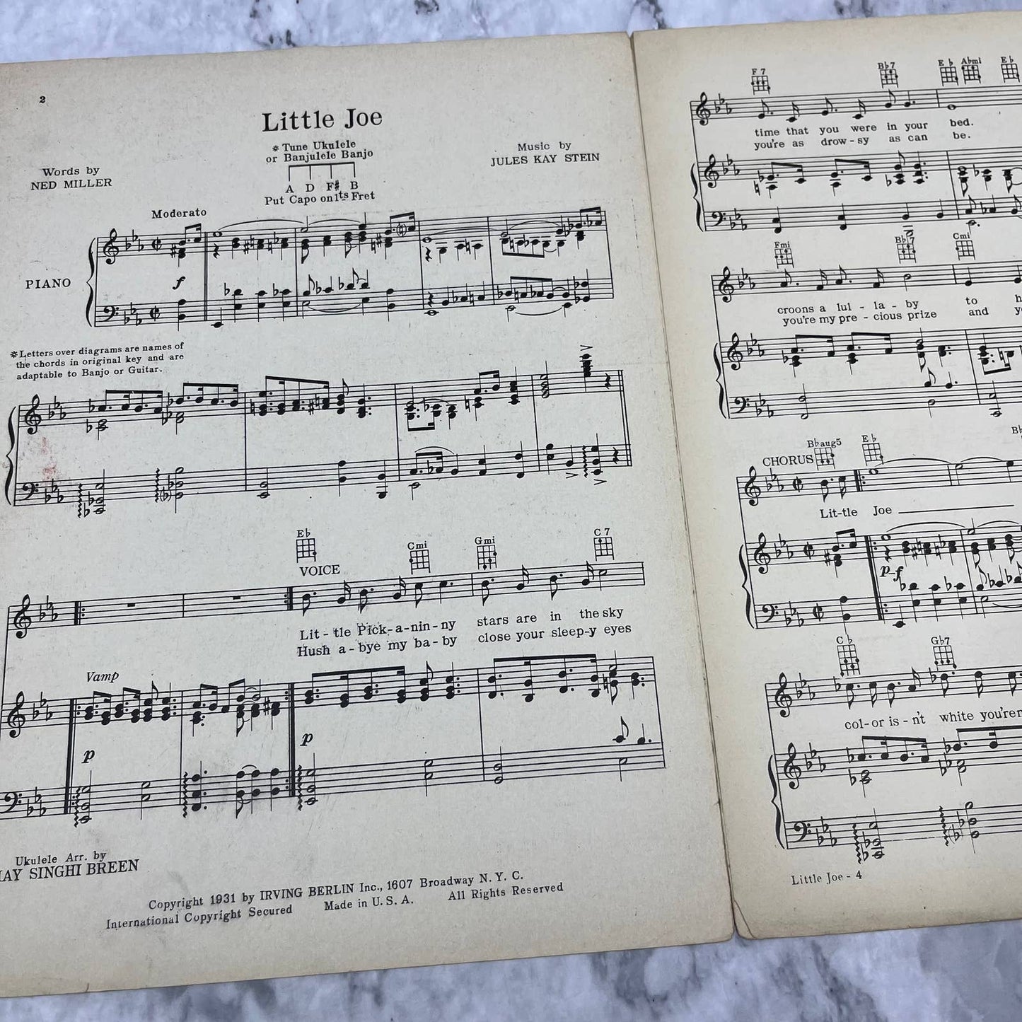 1931 Vintage Sheet Music LITTLE JOE By Miller & Stein Irving Berlin TI1