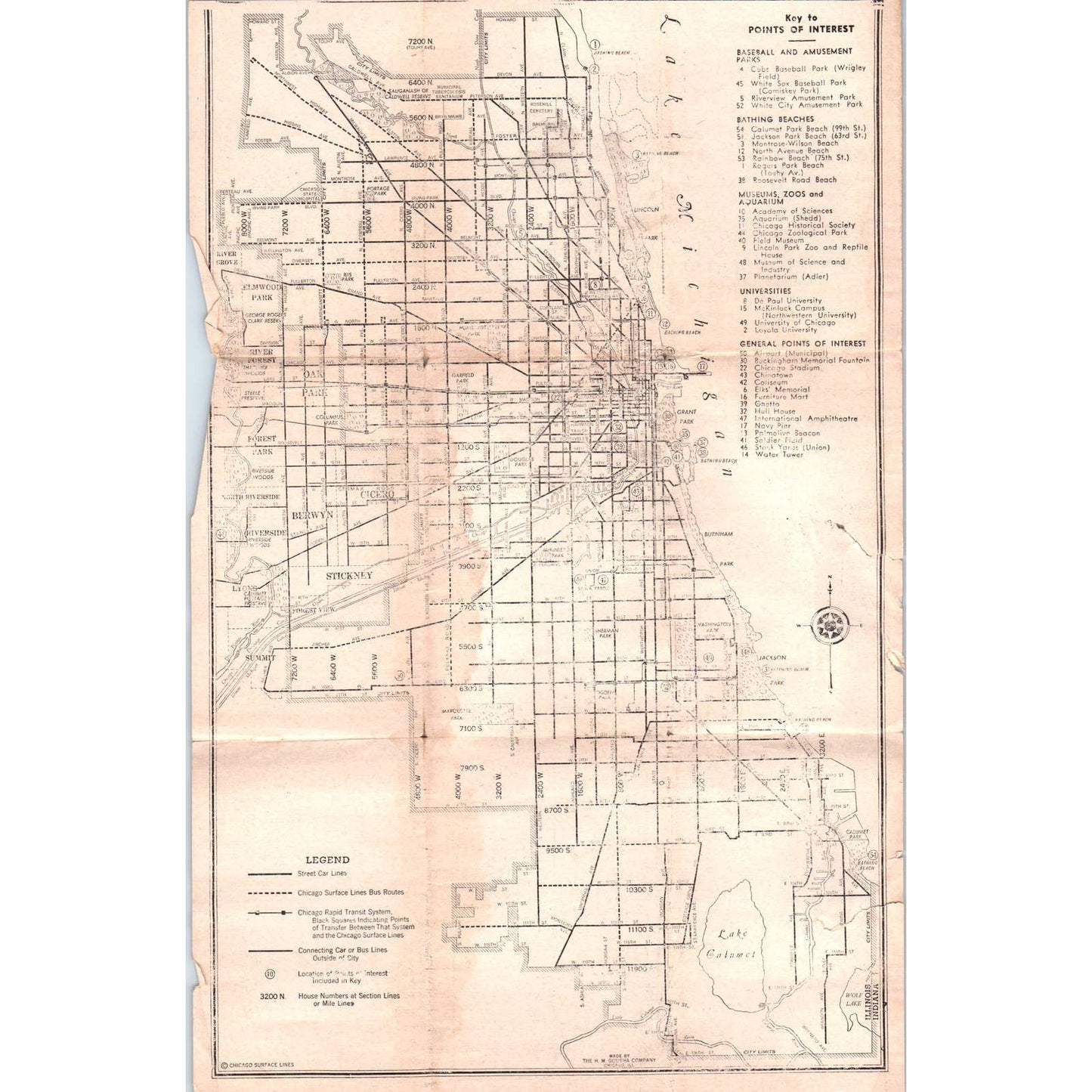 1945 Chicago Surface Lines Fold Out Area Map SE5