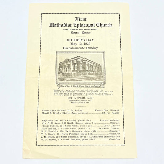 1929 First Methodist Episcopal Church Liberal KS Mother's Day Program AB8