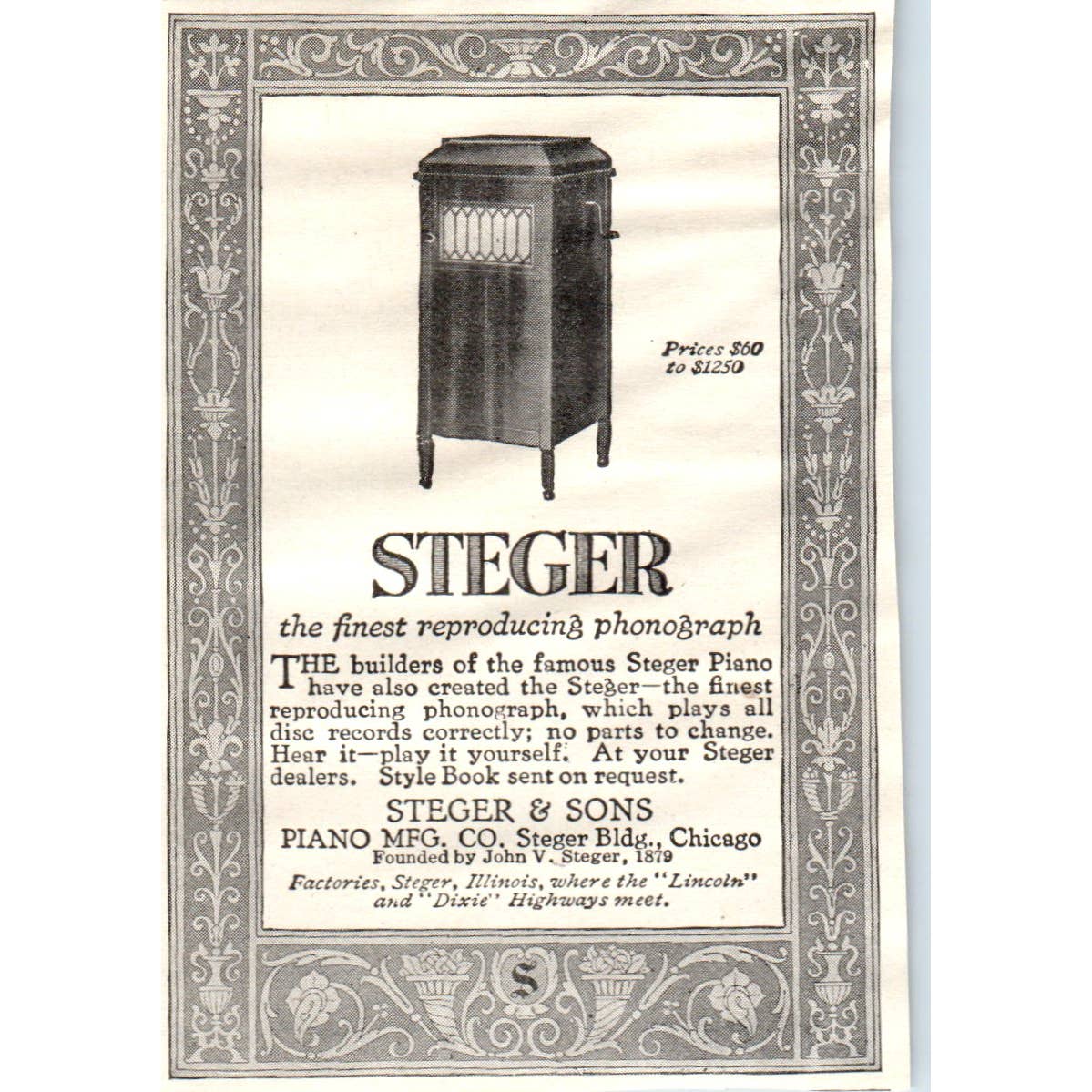 c1920 Harper's Magazine Ad - Steger & Sons Reproducing Phonograph Chicago EA3