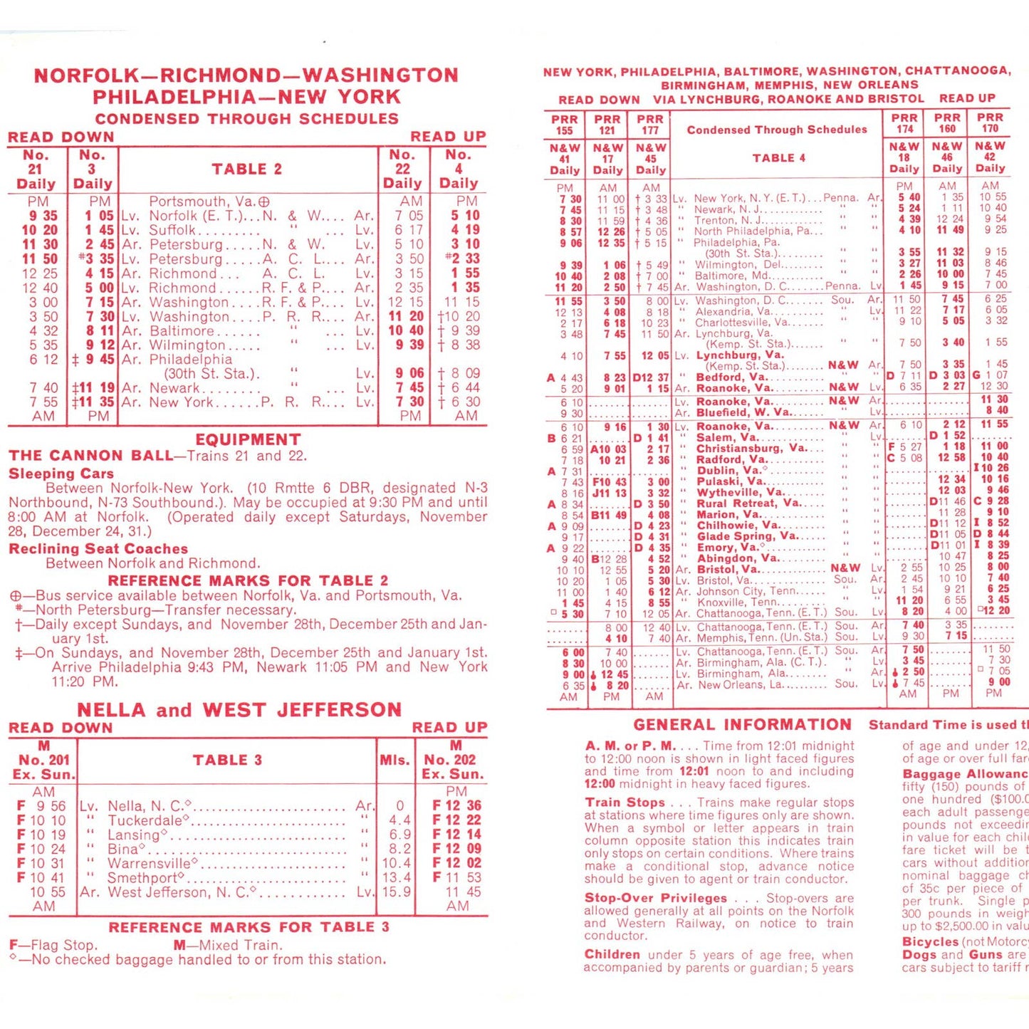 1963 Norfolk and Western Railway Powhatan Arrow and Pocahontas Timetable SE5