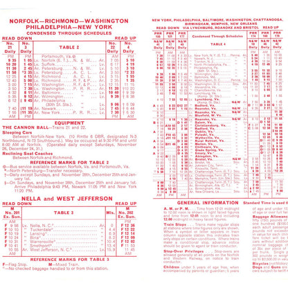 1963 Norfolk and Western Railway Powhatan Arrow and Pocahontas Timetable SE5