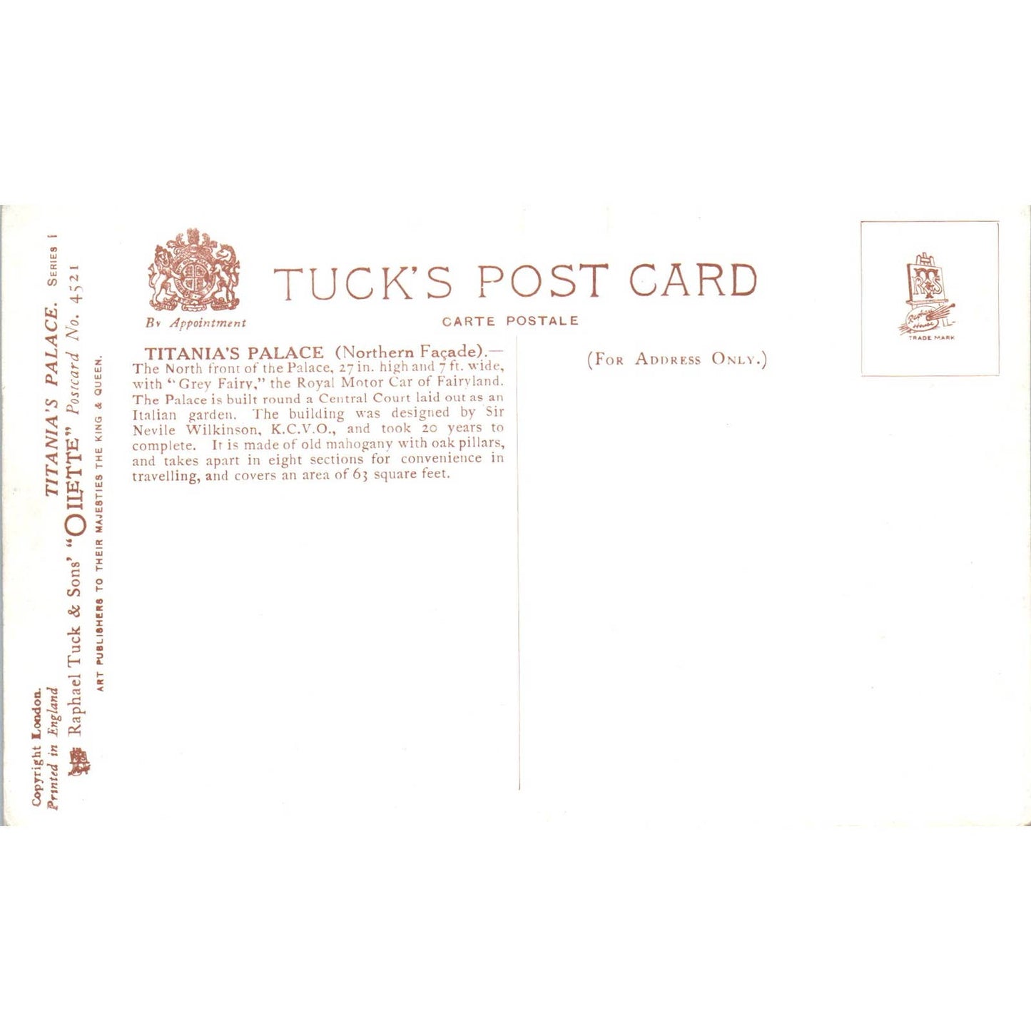 Titania's Palace Northern Facade Raphael Tuck Oilette Original Postcard TK1-P14