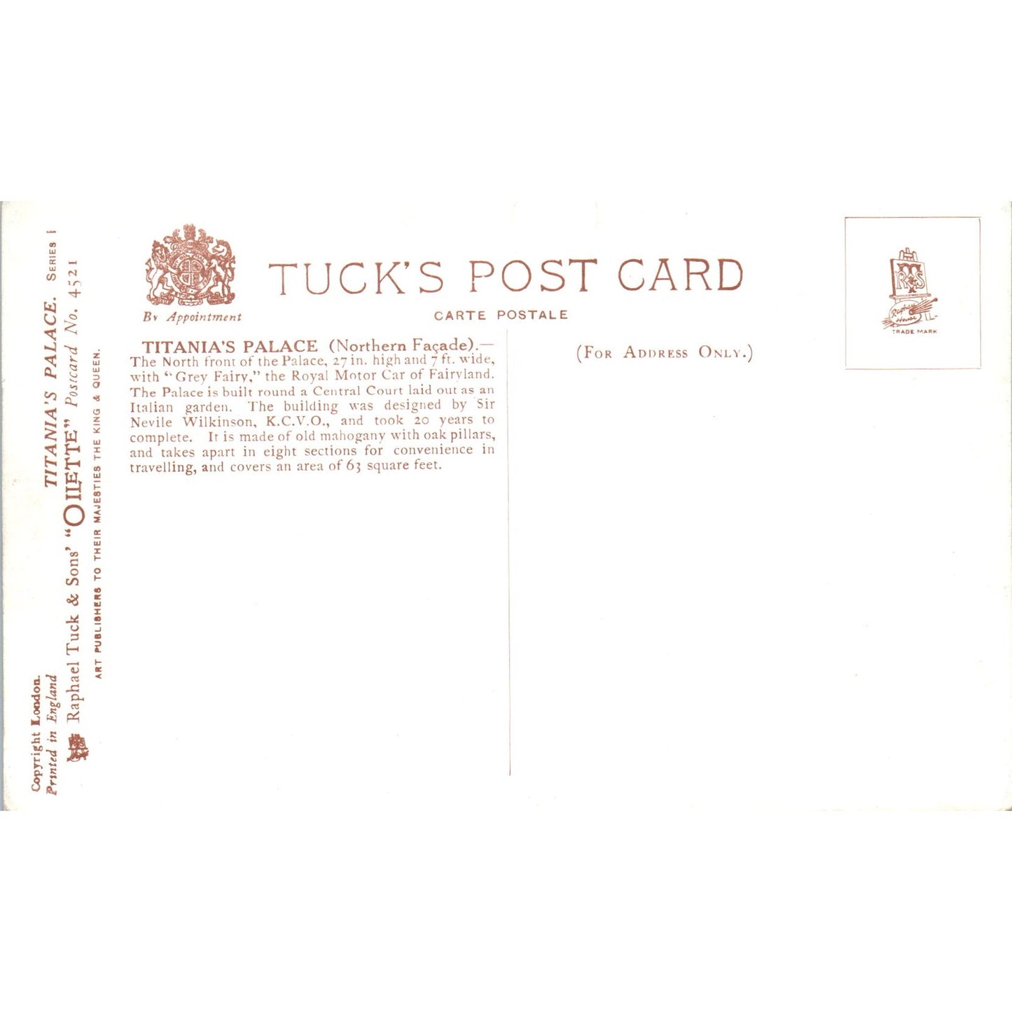 Titania's Palace Northern Facade Raphael Tuck Oilette Original Postcard P2-12