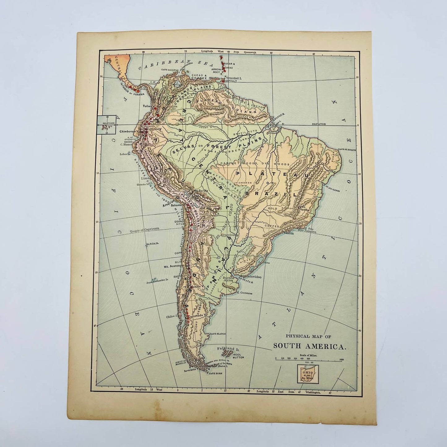 1896 Harper’s School Geography Physical Map of SOUTH AMERICA Color 9x12” FL1