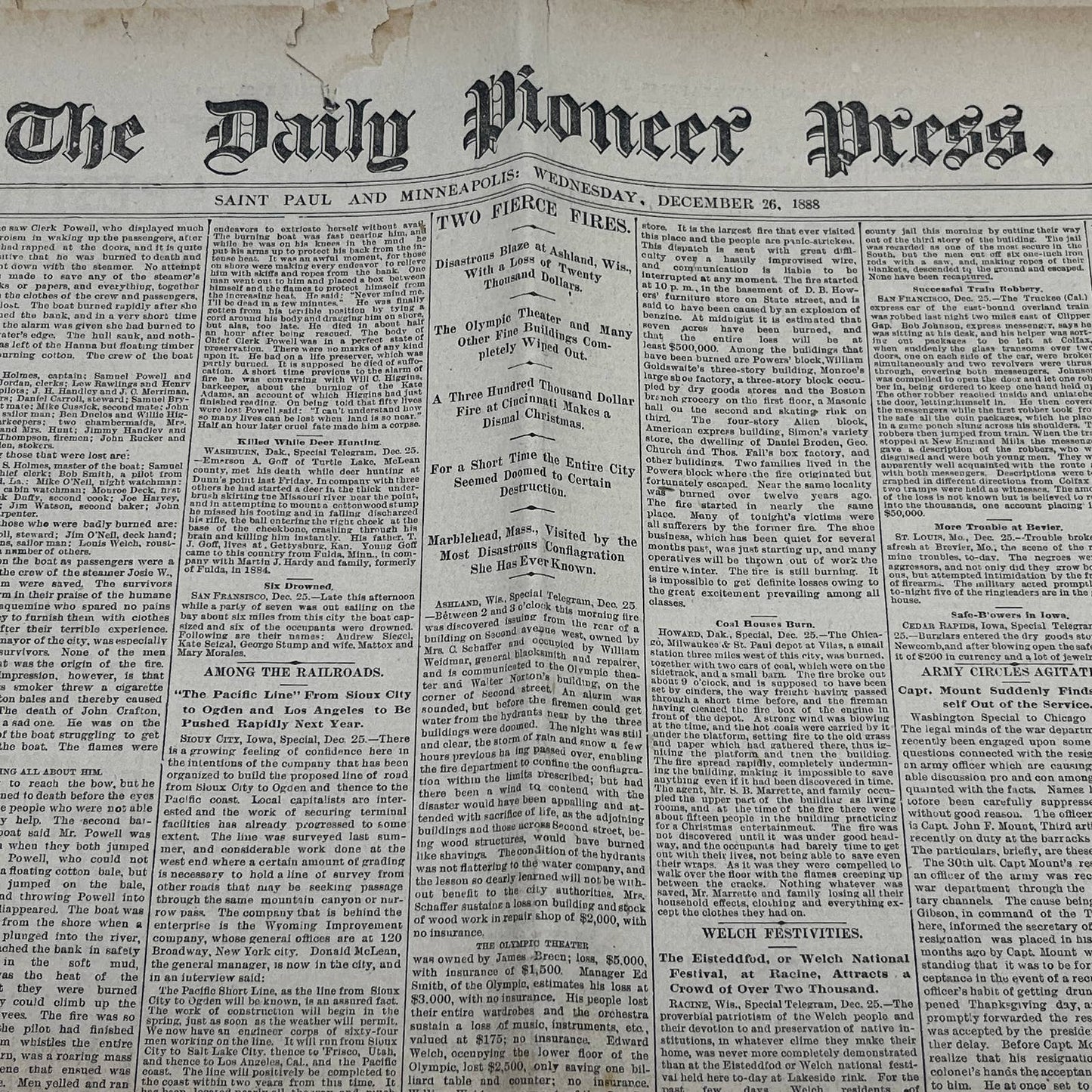 1888 Dec 26 Original St. Paul Pioneer Press - Steamer John H. Hannah Burned FL4