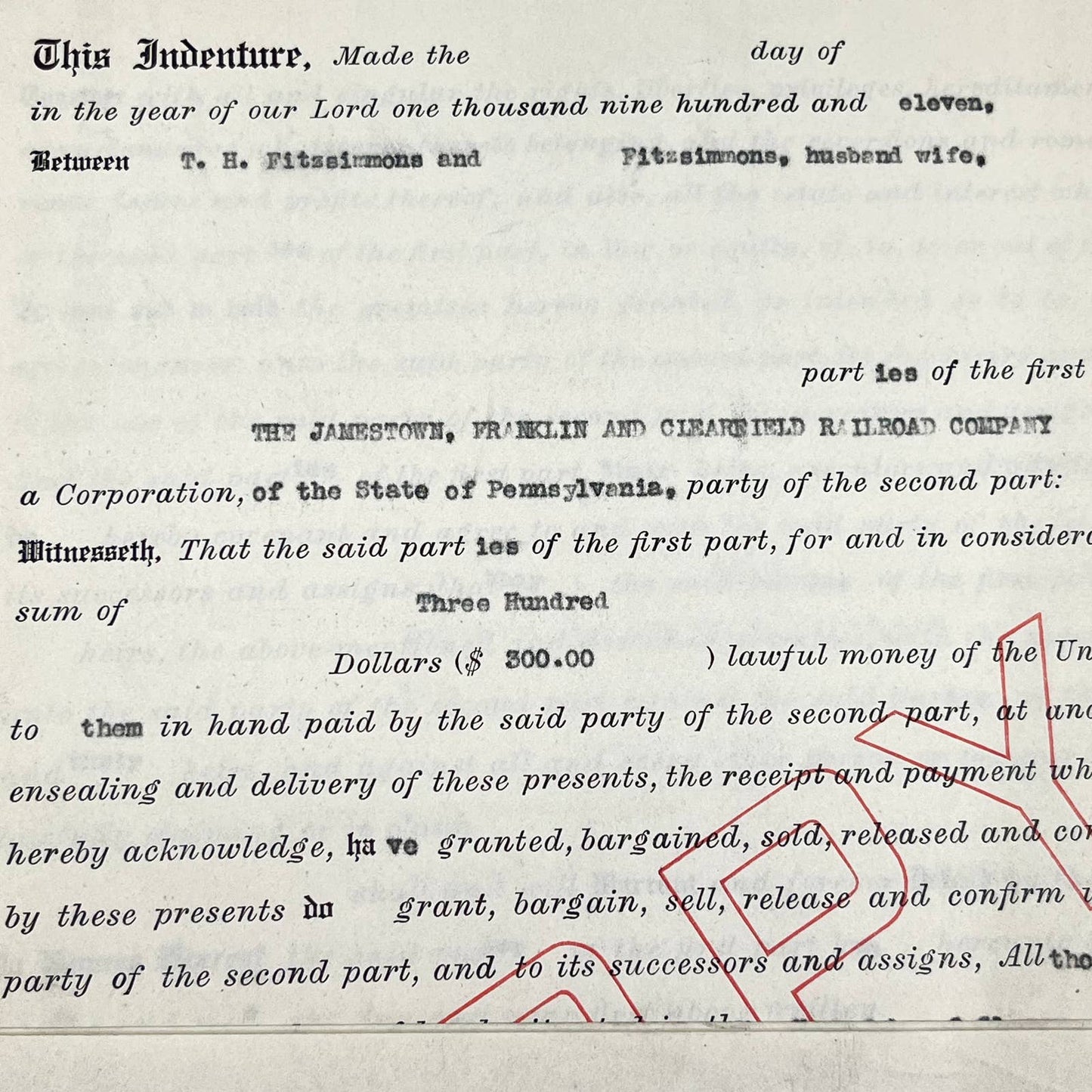 1911 Jamestown, Franklin and Clearfield Railroad Company Land Indenture AB2
