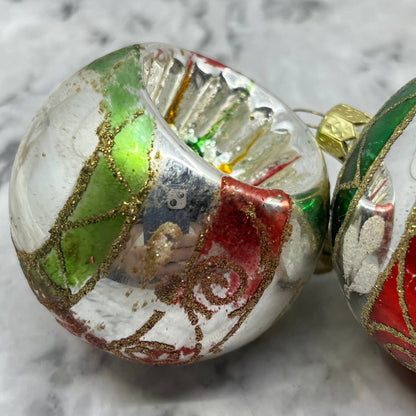 Lot of 2 Vintage Recessed Mica Stencil Blown Mercury Glass Ornaments OT2
