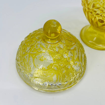 Vintage Avon Yellow Glass Embossed Flower Lidded Footed Compote Dish 6 1/2” TD3