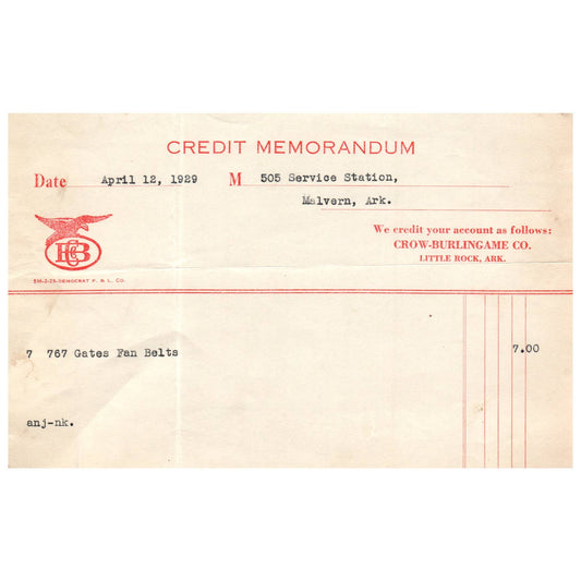 1929 CROW-BURLINGAME CO. Automotive Equipment Credit Memorandum Little Rock AC9