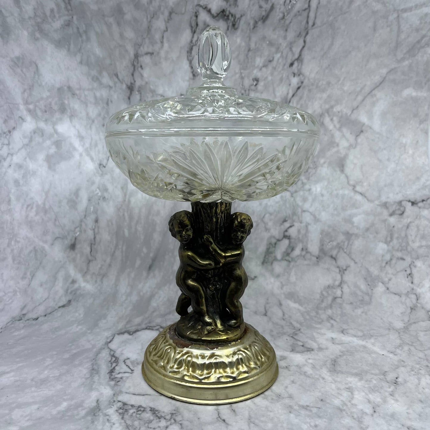 Vintage Brass Cherub Crystal Pedestal Compote w/ Lid Hollywood Regency 12x7 TB4