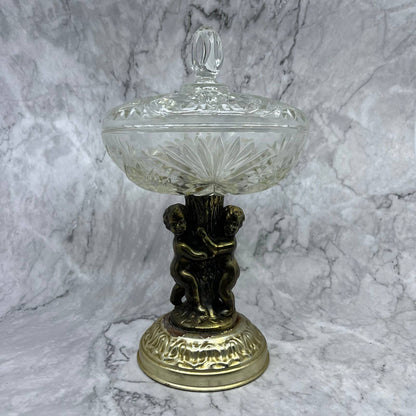 Vintage Brass Cherub Crystal Pedestal Compote w/ Lid Hollywood Regency 12x7 TB4