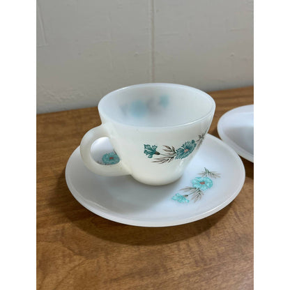 1950s MCM Atomic Fire King Cup Mug Saucer Bonnie Blue Carnation Set of 2 TG8