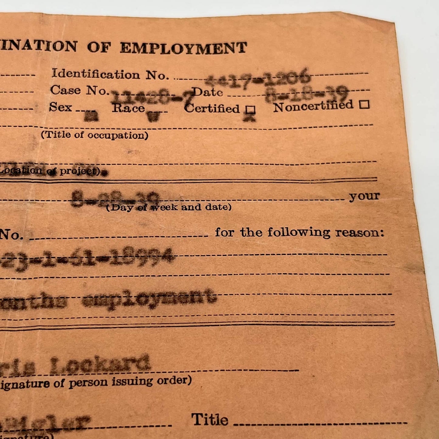 1939 WPA Notice of Termination of Employment Form Westover PA Bernard Klein SC5