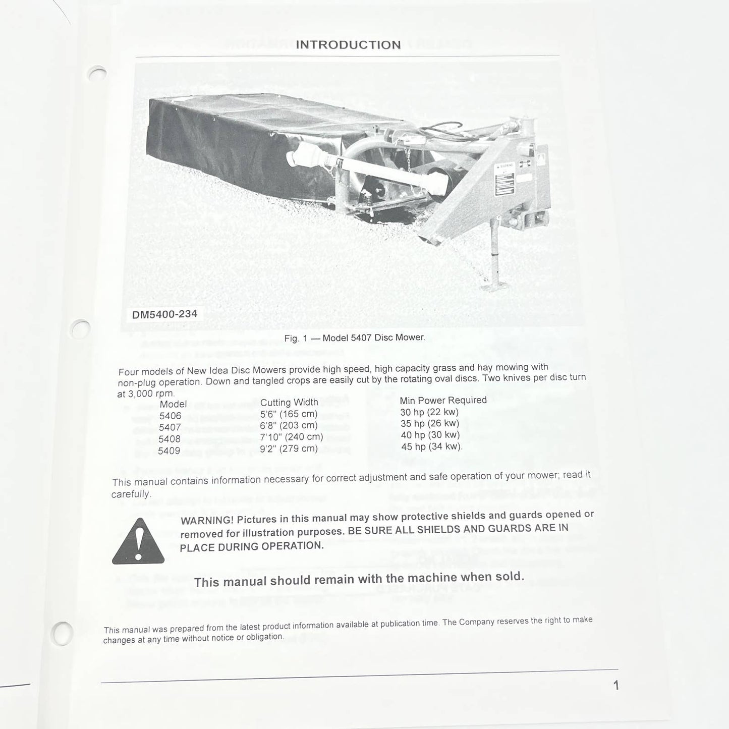 Original 1995 New Idea Operator's Manual 5400 Series Disc Mowers 987015C TB9
