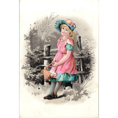 1880s Victorian Trade Card Girl in Pink Dress Lion Coffee Woolson Spice Co SE5