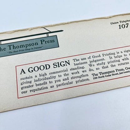 1910s Blotter Card “A Good Sign” The Thompson Press Printing Owosso MI TE4