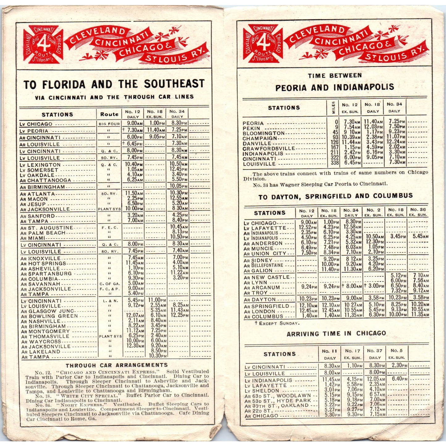 1900 Big Four Route Cleveland Cincinnati Chicago St. Louis Railway Timetable SE8