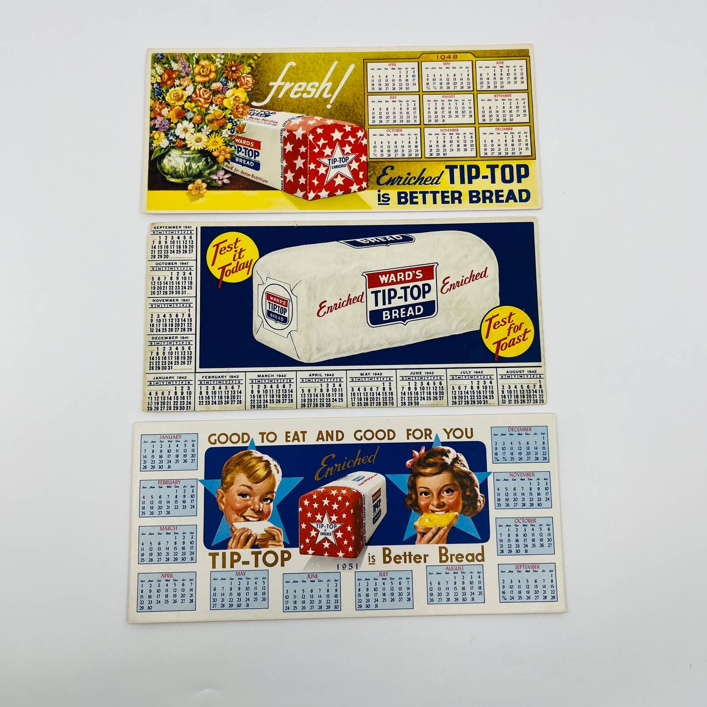 1942, 48, 51 Advertising Blotter Card Wards Tip Top Bread Calendar Set of 3 SC1