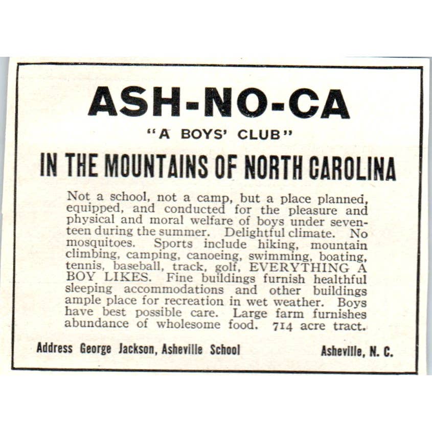 Ash-No-Ca George Jackson Asheville School NC - 1921 Original Ad TJ7-S7