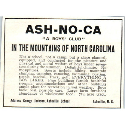 Ash-No-Ca George Jackson Asheville School NC - 1921 Original Ad TJ7-S7
