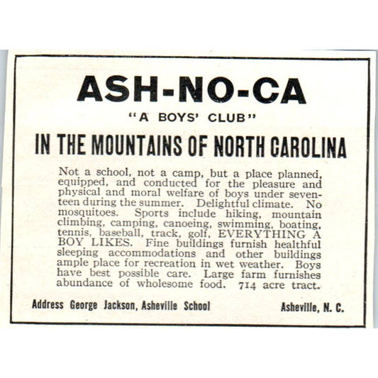 Ash-No-Ca George Jackson Asheville School NC - 1921 Original Ad TJ7-S7