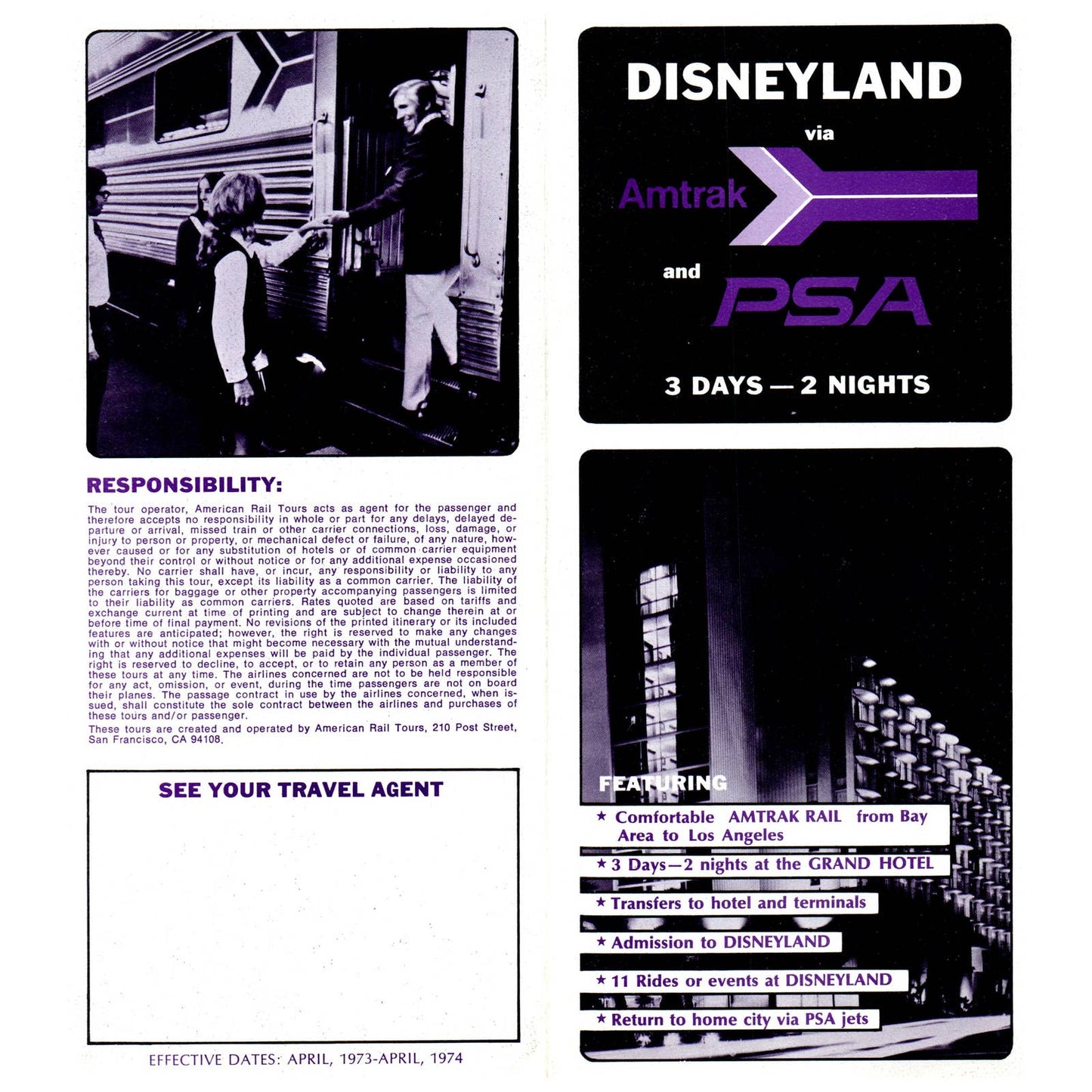 1973 Disneyland by Amtrak Rail and PSA Scheduled Jets Travel Brochure SE4