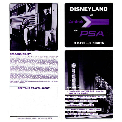 1973 Disneyland by Amtrak Rail and PSA Scheduled Jets Travel Brochure SE4